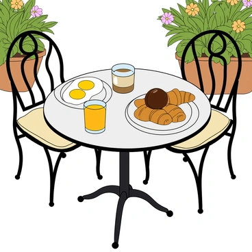 A round, white marble bistro table is set for brunch in a cozy outdoor setting. On the table, there are two sunny-side-up fried eggs presented on a small white plate. Next to the plate, there are two flaky croissants with a golden-brown crust, and a chocolate éclair with a shiny chocolate glaze. A small cup of coffee sits on the table, alongside a glass of fresh orange juice. The table is surrounded by two wrought iron chairs with soft cushions, and there are potted flowers adding a pop of color in the background.