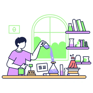 An Indian boy is conducting a science experiment at home. He has short black hair and is wearing a bright-colored t-shirt and shorts. The boy is standing at a wooden table covered with various materials. On the table, there are beakers filled with liquids of different colors, a small scale, and a notebook open with diagrams and notes. He is pouring a blue liquid from one beaker into another, while a small volcano model made of clay is positioned to the side, ready for a reaction. Behind him, there are shelves filled with books and science kits. A window lets in natural light, illuminating the activities on the table.