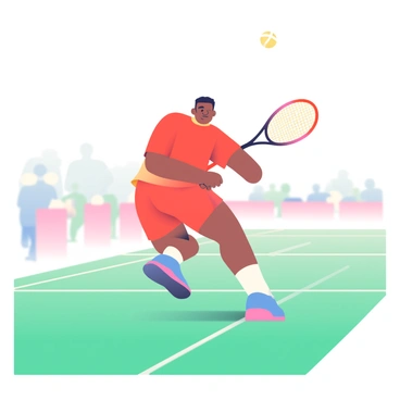 A badminton player with medium skin and short black hair is captured mid-action, executing a powerful smash shot. He is wearing a bright red athletic jersey and matching shorts, and his expression shows focus and determination. The player is positioned on a vibrant green badminton court, and the shuttlecock is seen soaring high in the air, just leaving his racket. His left foot is firmly planted on the court while his right leg is lifted, enhancing the dynamic movement of the moment. In the background, there are blurred outlines of spectators on the sidelines, creating a sense of energy and excitement in the atmosphere.