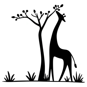 An elegant giraffe with a long neck is reaching up to grasp leaves on a tall tree. The scene is set in the savannah, with grasses stretching out in the foreground. The silhouette of the giraffe stands against the tree, with branches extending above it. There are a few scattered shrubs and tufts of grass around the base of the tree, adding to the natural environment.
