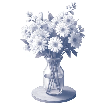 A glass vase filled with an assortment of flowers. The bouquet includes various types of flowers arranged in an abundant display. The vase is placed on a wooden table, the texture of the wood is visible, adding depth to the scene. The light catches the glass, creating reflections and highlights.