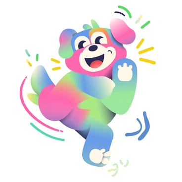 A playful dog with vibrant neon colors is shown in a dynamic pose, leaping joyfully. The dog's fur has bright shades of pink, blue, and green, creating an eye-catching appearance. Its large, expressive eyes convey excitement, and its mouth is open in a wide grin, showing its playful nature. Surrounding the dog are colorful, cartoon-style action lines that emphasize its movement, and a few playful paw prints are scattered around, adding to the lively atmosphere. The background is a soft gradient that enhances the neon colors of the dog.