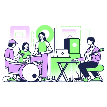 A group of musicians is gathered in a recording studio. In the center, a man with short curly hair is playing an electric guitar, focused on his performance. To his right, a woman with long straight hair is sitting at a keyboard, typing notes into a digital audio workstation on her laptop. A drummer with a baseball cap is positioned on the left, holding drumsticks and waiting for his cue. In the background, a microphone on a stand captures the sound of a vocalist, a woman with a bright smile, standing in front of it. Various sound equipment and instruments are arranged around them, including amplifiers and a large speaker. The walls of the studio are lined with soundproofing panels, creating an immersive atmosphere for creativity.