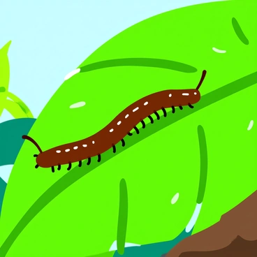 A centipede glistening with morning dew on a bright green leaf