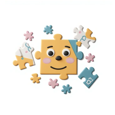 A whimsical puzzle assembled on a flat surface, with each piece uniquely shaped to represent different facial features. The pieces include bright colors and designs, such as a pair of large round eyes, a small button nose, a wide smiling mouth, and rosy cheeks. The background of the image is filled with scattered puzzle pieces, while at the center, the completed face showcases a cheerful expression. The pieces exhibit playful patterns, enhancing the whimsical theme, while the face appears friendly and inviting.
