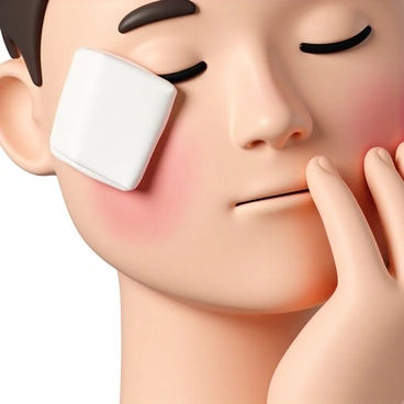 A close-up of a sunburned face with red, inflamed skin. A soothing cold compress, wrapped in a white cloth, is gently pressed against the cheek. The person's eyes are closed, and there is a slight expression of relief. The background is softly blurred to emphasize the face and the compress.