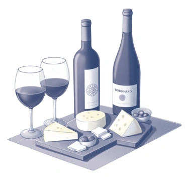 A display of Bordeaux wine perfectly paired with assorted cheeses