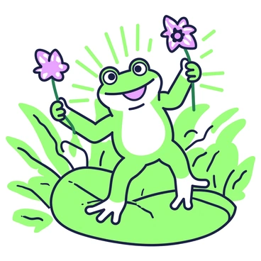 A frog is dancing energetically on a leaf, its limbs extended in a lively pose. The frog has a bright green body with prominent eyes and a wide smile, showcasing its joy. In its webbed hands, it holds a delicate flower, which has petals reaching outward as if twirling along with the frog. The background is filled with lush greenery, enhancing the sense of a vibrant, lively environment. Sunlight filters through the leaves, adding depth and interest to the cheerful scene.