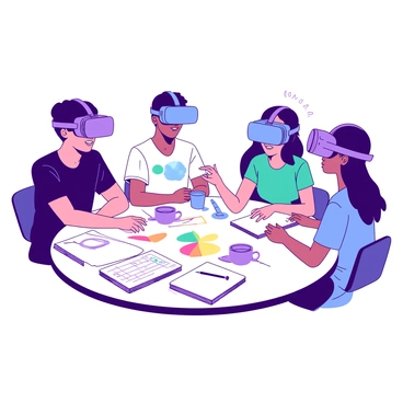A group of four students is sitting at a large round table, each wearing a virtual reality headset. The students are focused and engaged, gesturing with their hands as they manipulate digital objects in the virtual space. One student is wearing a blue headset, while another has a purple headset. A third student has a teal headset, and the fourth one has a white headset. The table is cluttered with sketches and notebooks, showing their interactive illustration concepts. Bright colors from the virtual environment are subtly reflected on their faces, adding to the immersive atmosphere of the scene.