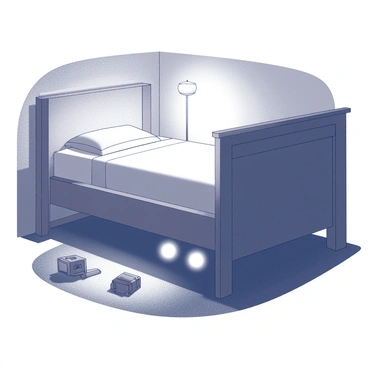 A child's bedroom is depicted with a low bed frame and scattered toys on the floor. The room is dimly lit, creating shadows that enhance the atmosphere. In the darkness beneath the bed, a pair of "glowing eyes" is visible, peering out with an intense gaze. The eyes shine brightly against the dark surroundings, drawing attention to their mysterious presence. The walls are adorned with soft pastel colors, and a small nightlight casts a faint glow, illuminating parts of the room while leaving the area under the bed in deeper shadow.