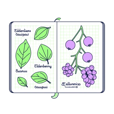 A botanical sketchbook page filled with detailed studies of elderberry leaves and berries. On the left side, there are multiple sketches of elderberry leaves in various orientations, showcasing their unique shapes and textures. Each leaf is labeled with its name in elegant handwriting. To the right, there are clusters of elderberries depicted, some still attached to their branches while others are shown individually. The berries are illustrated with varying degrees of ripeness, emphasizing their round shape and subtle details. A faint grid pattern is visible in the background, providing structure to the composition.