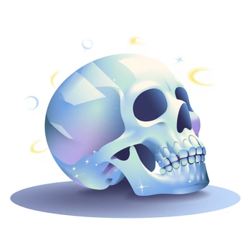A large transparent crystal skull is positioned prominently on a smooth, dark surface. The skull has intricate carvings and facets that catch the light in various angles, creating a dazzling display of reflections and refractions. Surrounding the skull are small, shimmering orbs of light that seem to dance around it, enhancing the mystical atmosphere. The background is softly blurred, allowing the focus to remain on the skull and its mesmerizing reflections. Subtle colors of blue and purple emerge as the light interacts with the crystal, casting gentle hues onto the surface beneath it.