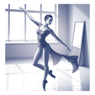 A woman is in the midst of performing a ballet dance within a studio filled with natural light. Her posture is poised and elegant, showcasing a classic ballet pose. She is wearing a fitted bodysuit complemented by flowing fabrics that trail gracefully around her as she moves. The studio has large windows that allow sunlight to stream in, casting soft shadows on the wooden floor. There are mirrors lining one wall, reflecting her movements and adding depth to the scene. The atmosphere is one of focus and beauty, highlighting the art of dance.