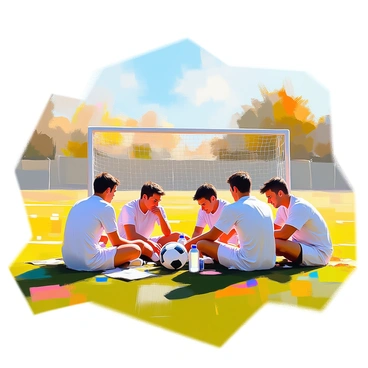 A group of soccer players resting on the grass during halftime on a sunny soccer field. They are seated together in a circle, wearing matching jerseys and shorts, with water bottles nearby. Some players are wiping sweat from their foreheads while others are animatedly discussing strategies. The sun casts warm light over the scene, creating distinct shadows on the field. In the background, a well-maintained soccer goal stands, and the vibrant green grass stretches out under a clear blue sky.