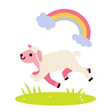 A pastel-colored lamb with fluffy white wool is joyfully skipping across a lush green meadow. The lamb's body is a soft blend of pink, blue, and yellow hues. Above the lamb, a vibrant rainbow arches across a clear blue sky, created by the sunlight breaking through the remaining clouds from a recent rainstorm. Small droplets of water are visible on the fresh grass, reflecting the colorful light from the rainbow. A few light clouds linger in the sky, adding to the cheerful atmosphere of the scene.