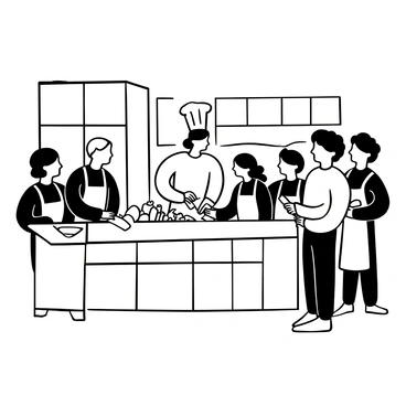 A chef wearing a white uniform and a tall hat stands at a large wooden cutting board in a bright kitchen. The chef is demonstrating the proper technique for chopping vegetables with a sharp knife. Various colorful vegetables, such as carrots, bell peppers, and onions, are scattered across the cutting board. Several students, dressed in aprons, are attentively watching and holding their own knives, ready to practice. Bright light streams in through large windows, illuminating the pristine kitchen with shiny stainless steel appliances and white cabinets. A bowl is placed on the counter to catch the chopped vegetables.
