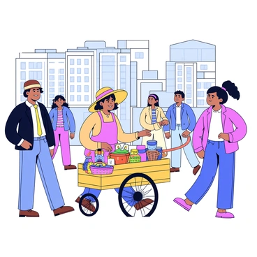 A street vendor with a small wooden cart is selling handmade crafts. The cart is filled with colorful items such as woven baskets, beaded jewelry, and painted ceramics. The vendor is a middle-aged woman, wearing a bright apron and a wide-brimmed hat, smiling as she interacts with passersby. Surrounding her, there are tall buildings and bustling pedestrians, with some people stopping to admire her crafts. The scene captures the lively atmosphere of a busy urban area.