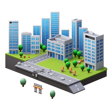 A detailed illustration depicting a city experiencing the impact of an earthquake near a reverse dip-slip fault. The image shows buildings with visible structural damage, including cracks and fallen debris. In the foreground, a section of the road is lifted and displaced, demonstrating the geological activity. Emergency response teams are visible, with personnel assessing the damage and providing assistance. The skyline features a mix of tall skyscrapers and residential buildings, all affected by the quake, showcasing varying degrees of destruction. "Reverse dip-slip fault" is marked on the geological map visible in the corner of the image, highlighting its significance in the scene.