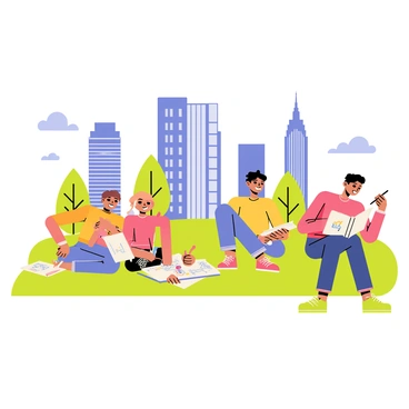 A group of students sitting on green grass with sketchbooks in hand. The students, dressed in colorful clothing, are focused on sketching various buildings in the background. Some students have pencils, while others use colored pens. In the backdrop, there are tall buildings with unique architectural designs, such as a modern glass skyscraper and a classic brick structure. A few trees are scattered around the field, and a clear blue sky is above them with a few fluffy clouds.