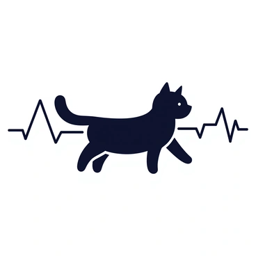 A tattoo design featuring a sleek black cat silhouette positioned within a heartbeat line. The heartbeat line is depicted as a continuous, flowing curve that seamlessly transitions into the outline of the cat. The overall shape of the design is balanced and harmonious, emphasizing the connection between the two elements. The cat's ears are slightly pointed, and its tail elegantly follows the rhythmic peaks and valleys of the heartbeat line. The tattoo is designed to be clean and minimalist, showcasing the contrast between the solid black silhouette and the fluid heartbeat line.