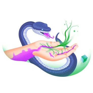 An illustration depicting a detailed scene of a snake with intricate scales, positioned in a striking pose as it bites a hand. The hand is shown with clear skin, revealing visible veins that illustrate the rapid spread of venom. The venom is depicted as a dark green liquid, spreading through the veins in a dynamic pattern, creating a sense of urgency. The background is minimal, focusing entirely on the interaction between the snake and the hand.