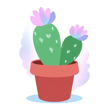 A small cactus is sitting in a round clay pot. The cactus has vibrant green body adorned with heart-shaped leaves. Bright colored flowers are blooming at the top of the cactus, adding bursts of color. The pot is placed on a textured surface, with soft shadows cast around it. A gentle gradient background transitions from light pastel pink to soft lavender shades.