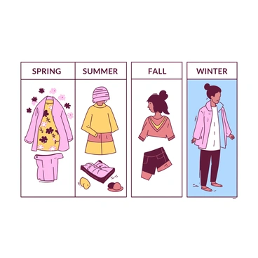 An illustrated chart showcases clothing appropriate for each season. The chart features four distinct sections, each representing a different season: "spring," "summer," "fall," and "winter." In the spring section, there are pastel-colored lightweight jackets and floral dresses. The summer section displays vibrant swimsuits and shorts. The fall section includes cozy sweaters and warm scarves in rich tones. Lastly, the winter section highlights thick coats and knitted hats in muted shades. Each section is labeled clearly with the corresponding season name in bold lettering.