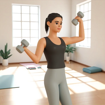 A yoga instructor, wearing a fitted black tank top and comfortable gray leggings, is demonstrating lateral raises in a spacious studio with wooden floors and large windows letting in natural light. She has her hair tied back in a sleek ponytail and is focused on her form. In each hand, she holds a light dumbbell, raising her arms gracefully to the side. The studio is adorned with indoor plants and a few yoga mats laid out on the floor. Sunlight casts soft shadows, creating a serene atmosphere for her demonstration.