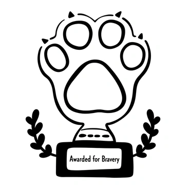 A trophy shaped like a dog paw, featuring intricate details of the paw pads and claws. The trophy is positioned on a sturdy pedestal with a plaque that reads "Awarded for Bravery." Surrounding the trophy are decorative laurel leaves, emphasizing the significance of the award. The entire scene is designed in a black-and-white illustration style.