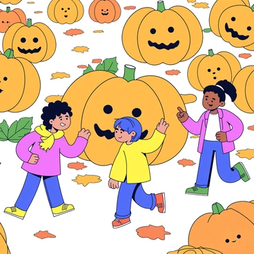 A group of three kids is exploring a pumpkin patch filled with enormous, carved pumpkins. Each carved pumpkin features a unique facial expression, some are smiling while others appear surprised. The kids are wearing colorful autumn jackets and are enthusiastically pointing at the pumpkins. The ground is covered with orange and brown leaves, and the sunlight casts soft shadows across the scene. In the background, there are more pumpkins of various sizes scattered throughout the patch.