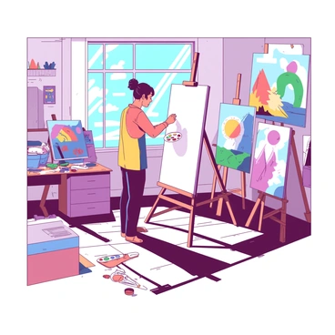 An artist stands in a sunlit studio, focused on painting a large white canvas. The artist has a palette in one hand and a paintbrush in the other. Surrounding the artist, there are colorful artworks displayed on the walls and leaning against easels, showcasing various styles and vibrant hues. Sunlight streams through large windows, casting bright patterns on the wooden floor. A few paint tubes and brushes are scattered on a nearby table, adding to the creative atmosphere of the studio.