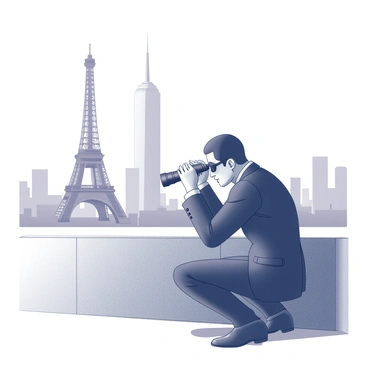 A secret agent dressed in a sleek black suit is crouched behind a low wall. The agent is focusing intently through a pair of binoculars. In the foreground, the agent's hands grip the binoculars firmly, while the face is partially obscured by a black mask, highlighting a determined expression. In the background, a famous landmark stands prominently, featuring its recognizable architectural details. The scene is set in an urban environment, with hints of other buildings and structures subtly surrounding the landmark, adding context to the agent's observation.