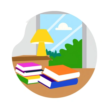 An inviting corner features a stack of colorful books, some leaning slightly to one side, resting on a wooden side table. A warm yellow lamplight casts a gentle glow over the books, creating a cozy atmosphere. Beside the table, a rain-beaded window displays droplets of water trickling down the glass, with a blurred view of greenery outside. The soft light contrasts with the grayish tones of the rainy day, enhancing the inviting feel of the corner.