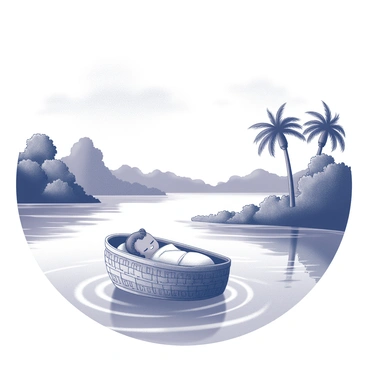 An illustrated basket floating gently on the Nile River with baby Moses peacefully sleeping inside