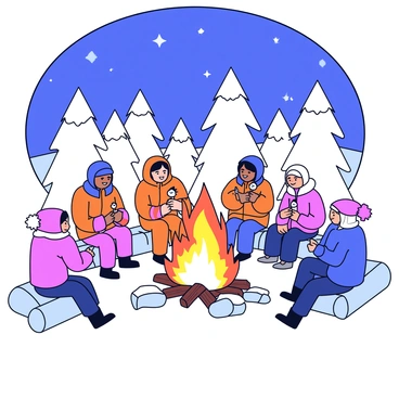 An Inuit community gathered around a large bonfire. The fire flickers with bright orange and yellow flames, casting warm light on the snow-covered ground. Around the fire, several individuals are seated on logs, bundled in traditional fur clothing, with hoods framing their faces. They share stories and laughter, while some are roasting fish on sticks over the flames. Snow-covered trees surround the gathering, and the night sky above is dotted with stars, creating a contrasting backdrop to the warm glow of the bonfire.