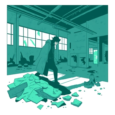 A teal vagabond wearing a tattered coat is exploring an abandoned factory. The factory has large, broken windows that allow shafts of light to stream in, illuminating the dust particles floating in the air. The walls are covered in peeling paint, and there are rusted metal beams looming overhead. Scattered around the floor are remnants of old machinery and debris, adding to the derelict atmosphere. The vagabond carefully steps over a pile of rubble while looking around with a sense of curiosity.