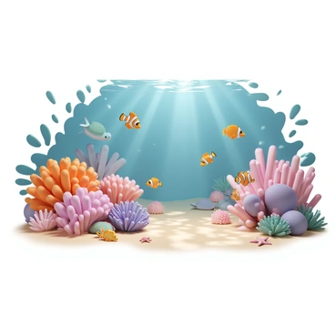 A vibrant coral reef with various coral structures in shades of orange, pink, and purple. The scene is filled with a multitude of colorful fish, such as clownfish with bright orange and white stripes, yellow tangs, and parrotfish with vivid green and blue scales. Small sea anemones sway gently in the water, while other marine life, including starfish and sea turtles, can be seen among the coral. The sunlight filters through the water, casting shimmering patterns on the sandy ocean floor below.