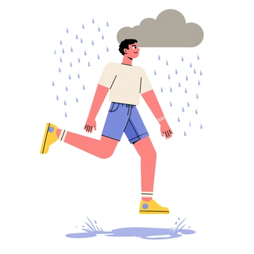 A person performing high knees in the rain, their legs lifting high as they run in place. Dark gray clouds fill the sky, with numerous droplets falling down. Each foot strikes the ground, creating splashes of water that rise around them. The person's clothes are slightly damp, clinging to their skin, and their expression shows determination despite the weather. Small puddles form beneath them, reflecting the splashes and raindrops.