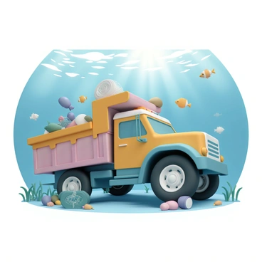 A large junk truck, designed with bright colors, is submerged underwater. The truck is positioned at an angle, with its hydraulic lift extended, actively gathering various pieces of ocean trash such as plastic bottles, old fishing nets, and discarded rubber tires. Sunlight filters through the water above, casting gentle rays that illuminate the scene. Surrounding the truck, colorful fish swim by, and seaweed sways gently with the current, creating a contrast between the mechanical vehicle and the vibrant underwater environment.