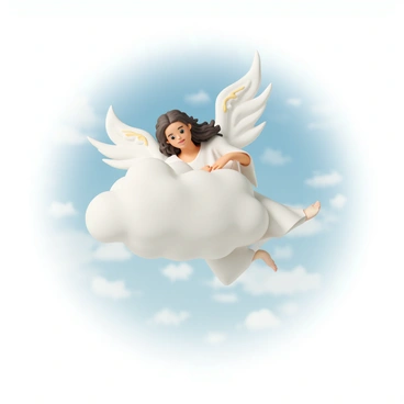 An angelic figure, with flowing white robes and delicate golden wings, is gently embracing a fluffy white cloud. The figure has a serene expression on their face, with long, wavy hair cascading down their back. The sky is a bright blue, dotted with soft white clouds, and the sunlight filters through, creating a warm glow around the angel. The scene captures a sense of tranquility and peace, with the angel and the cloud appearing to float effortlessly in the sky.