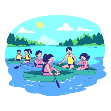 A group of children, dressed in colorful swimsuits, are happily learning to row small teal boats on a wide, open blue lake. The sun is shining brightly in the sky, casting reflections on the water's surface. In the background, there are green trees lining the shore and a few fluffy white clouds drifting above. Some kids are practicing their rowing techniques, while others are laughing and splashing water playfully. Life vests in bright colors are worn by each child for safety, adding a vibrant touch to the scene.