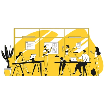 A spacious tech hub filled with people focused on their work. Some individuals are seated at sleek, black desks, using laptops. Others are standing, discussing ideas while holding futuristic gadgets in their hands. Large windows allow natural light to flood the room, illuminating the minimalist decor. A few plants are scattered throughout the space, adding a touch of greenery. There are whiteboards covered with diagrams and notes in the background, reflecting a collaborative atmosphere.