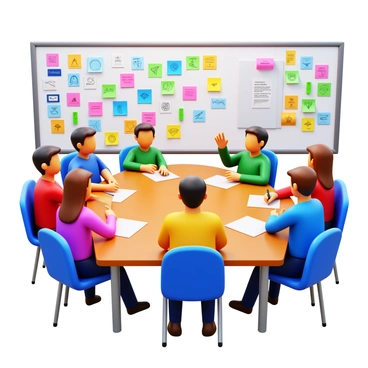 Students sitting around a classroom table, engaged in a brainstorming session. They are surrounded by a wall covered in colorful sticky notes, each note displaying various illustration ideas. Some students are writing on new sticky notes while others are discussing their concepts. The classroom is filled with educational posters and a large whiteboard in the background. The atmosphere is lively, with everyone contributing to the idea generation.