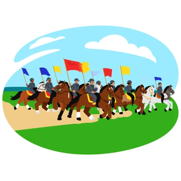 A cavalry unit charging across a wide, green field. The horses are large and muscular, with various colors of brown, black, and white. Riders wear distinct historical armor, showcasing intricate designs and details. Banners of different colors and patterns are flying high in the wind, creating a sense of movement and energy. The sky above is bright and clear, adding a vivid backdrop to the scene. Dust is kicked up from the ground as the hooves pound against the earth, emphasizing the intensity of the charge.