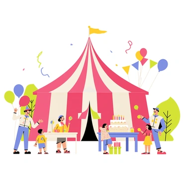A colorful birthday party scene set up next to a large red and white striped circus tent. The area is decorated with a variety of balloons in bright colors, including red, blue, yellow, and green, floating above the celebration. Several cheerful clowns with big shoes and colorful outfits are interacting with children, one clown is juggling colorful balls while another is making balloon animals. A large birthday cake with candles sits on a decorated table surrounded by party hats and gifts. The ground is covered with colorful confetti and a few playful streamers are hanging from nearby trees.