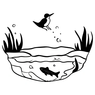 A kingfisher with a striking silhouette, poised in mid-dive, is depicted above a brook trout swimming gracefully in a crystal-clear stream. The water is captured in rippling forms, reflecting the surrounding environment. Bubbles trail the kingfisher's descent, and the brook trout displays its distinctive patterns as it moves swiftly below the surface. Lush foliage borders the stream, adding to the scene’s natural setting.