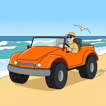 A bright orange beach buggy with large, chunky tires is speeding along a sandy shoreline. The vehicle has a shiny exterior that reflects the sunlight, showcasing its vibrant color. In the driver's seat, a person wearing sunglasses and a sunhat is gripping the steering wheel with a big smile, enjoying the ride. Waves crash gently onto the beach nearby, with foamy white surf contrasting against the golden sand. Seagulls can be seen flying overhead, adding to the lively atmosphere of the beach scene. The horizon features a clear blue sky, hinting at a sunny day.