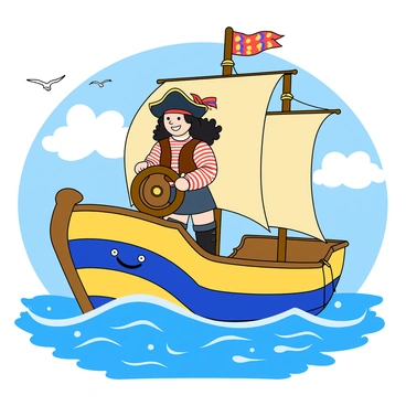 A cartoon girl pirate with long, wavy black hair wearing a traditional pirate hat adorned with a colorful feather. She has a playful grin on her face, showing her excitement for adventure. She is standing at the helm of a whimsical ship with a vibrant blue and yellow hull, featuring oversized sails decorated with cheerful patterns. The ship has a large smile painted on the front, giving it a friendly appearance. The pirate girl is dressed in a striped red and white shirt, a brown vest, and knee-length black boots. She is holding a wooden steering wheel with both hands, steering the ship across sparkling blue waves. In the background, fluffy clouds float in a bright blue sky, and seagulls can be seen flying above.