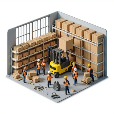 A busy warehouse with workers loading boxes onto a forklift