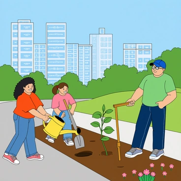 A group of four volunteers working together to plant young trees along a city street. One volunteer, a woman with curly black hair, holds a small green sapling, while another volunteer, a man with glasses and a blue cap, digs a hole in the ground with a spade. A third volunteer, a young girl with pigtails wearing gloves, is pouring water from a bright yellow watering can onto a newly planted tree. The fourth volunteer, a tall man in a green t-shirt, is adjusting the position of a tree stake to support one of the saplings. In the background, there are several tall skyscrapers reflecting sunlight, creating a lively urban atmosphere. The street is lined with colorful flowers and a clear blue sky overhead.